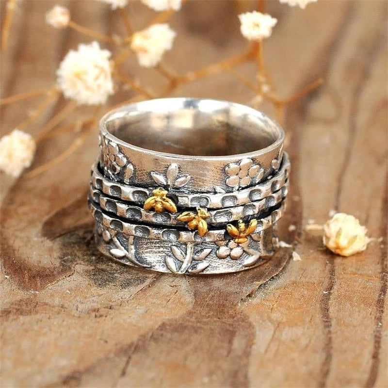 Proverbs 16:24 - Simple Women's Bohemian Small Bee Flower Plant Ring Wide Version Rings for Women Female Ethnic Wedding Party Boho Jewelry