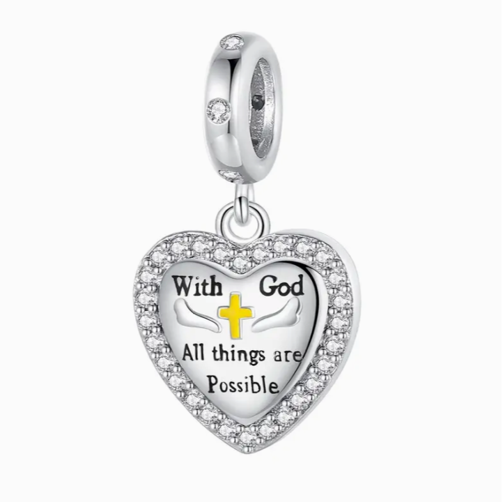 Heart Cross Drop Charm With God All Things Are Possible Pendant