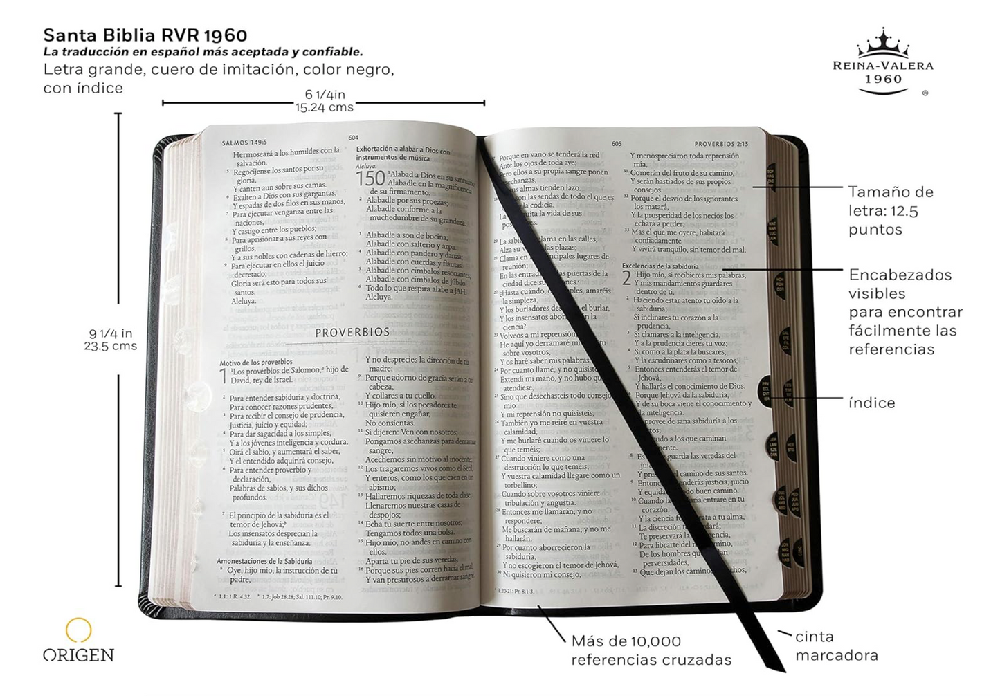 Biblia Reina Valera 1960 letra grande. Símil piel negro, índice, tamaño manual / Spanish Bible RVR 1960.