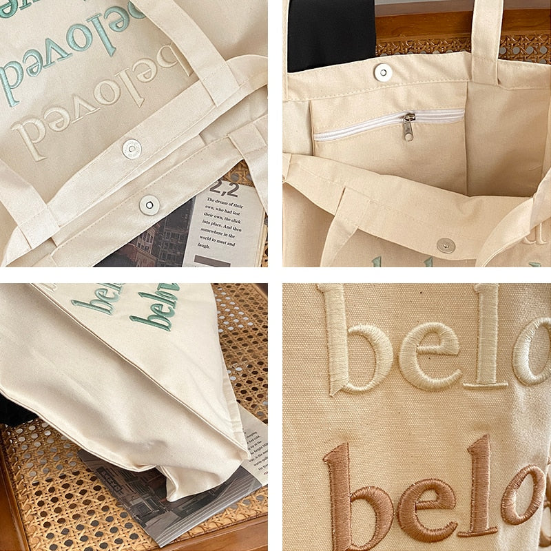 Songs 6:3 "Beloved" - Letter Embroidered Women Canvas Tote Bag Simple Girls Solid Color Shoulder Bag Female Large Shopping Bag Casual Handbags