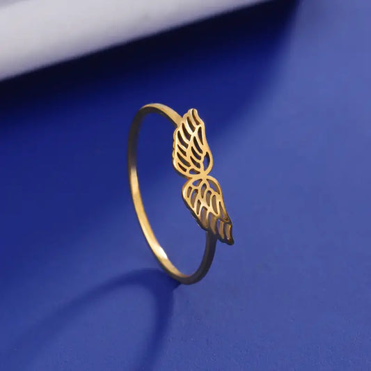 Golden Wings  Psalms 91:4 - Minimalist Angel Wing Stainless Steel Ring