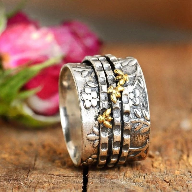 Proverbs 16:24 - Simple Women's Bohemian Small Bee Flower Plant Ring Wide Version Rings for Women Female Ethnic Wedding Party Boho Jewelry
