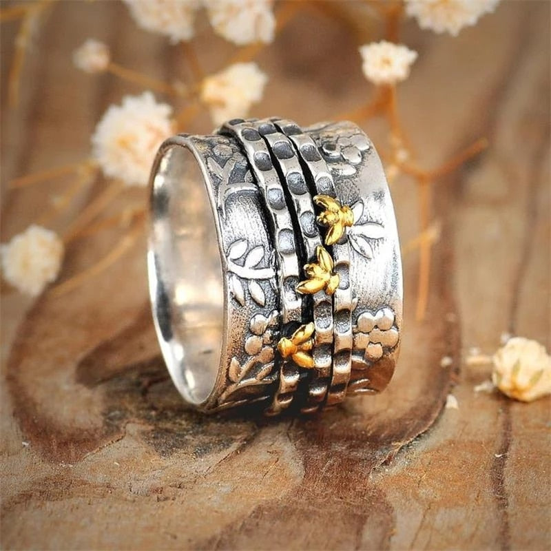 Proverbs 16:24 - Simple Women's Bohemian Small Bee Flower Plant Ring Wide Version Rings for Women Female Ethnic Wedding Party Boho Jewelry