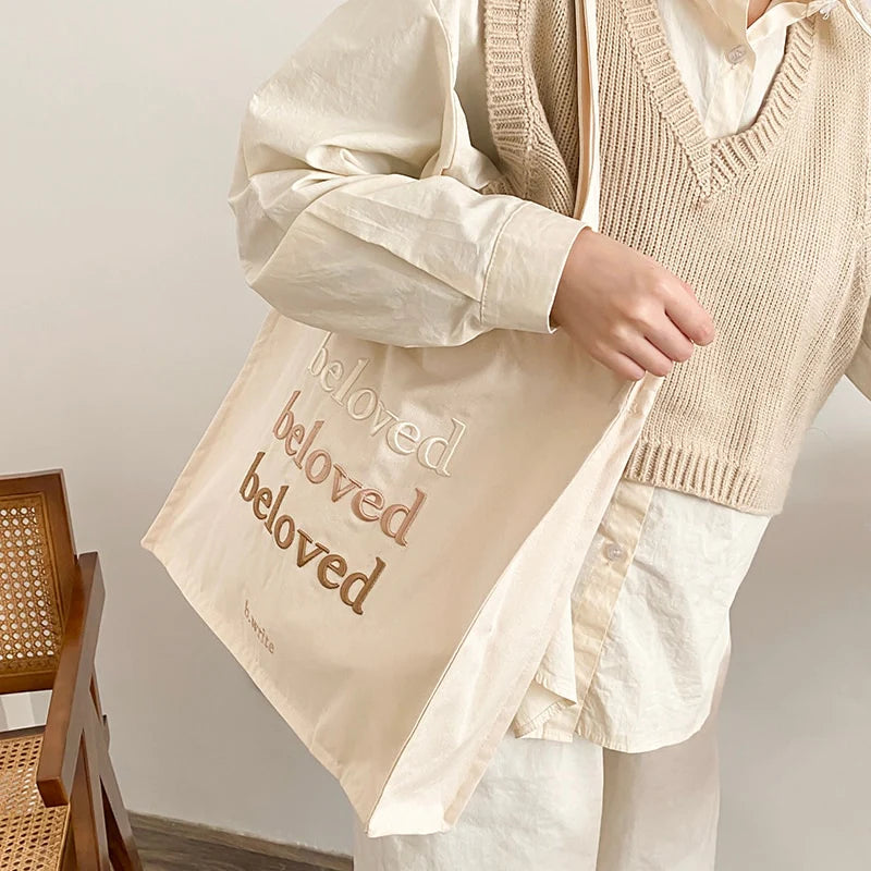 Songs 6:3 "Beloved" - Letter Embroidered Women Canvas Tote Bag Simple Girls Solid Color Shoulder Bag Female Large Shopping Bag Casual Handbags