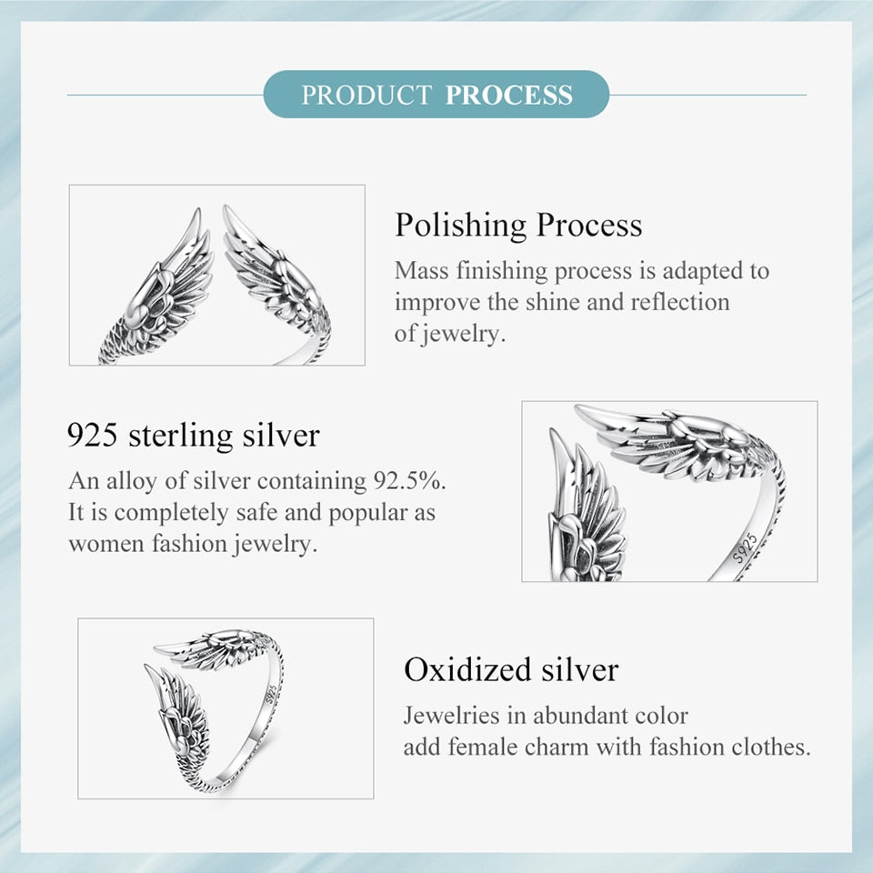 Psalms 91:4 - Real 925 Sterling Silver Creative Wings Open Rings For Women