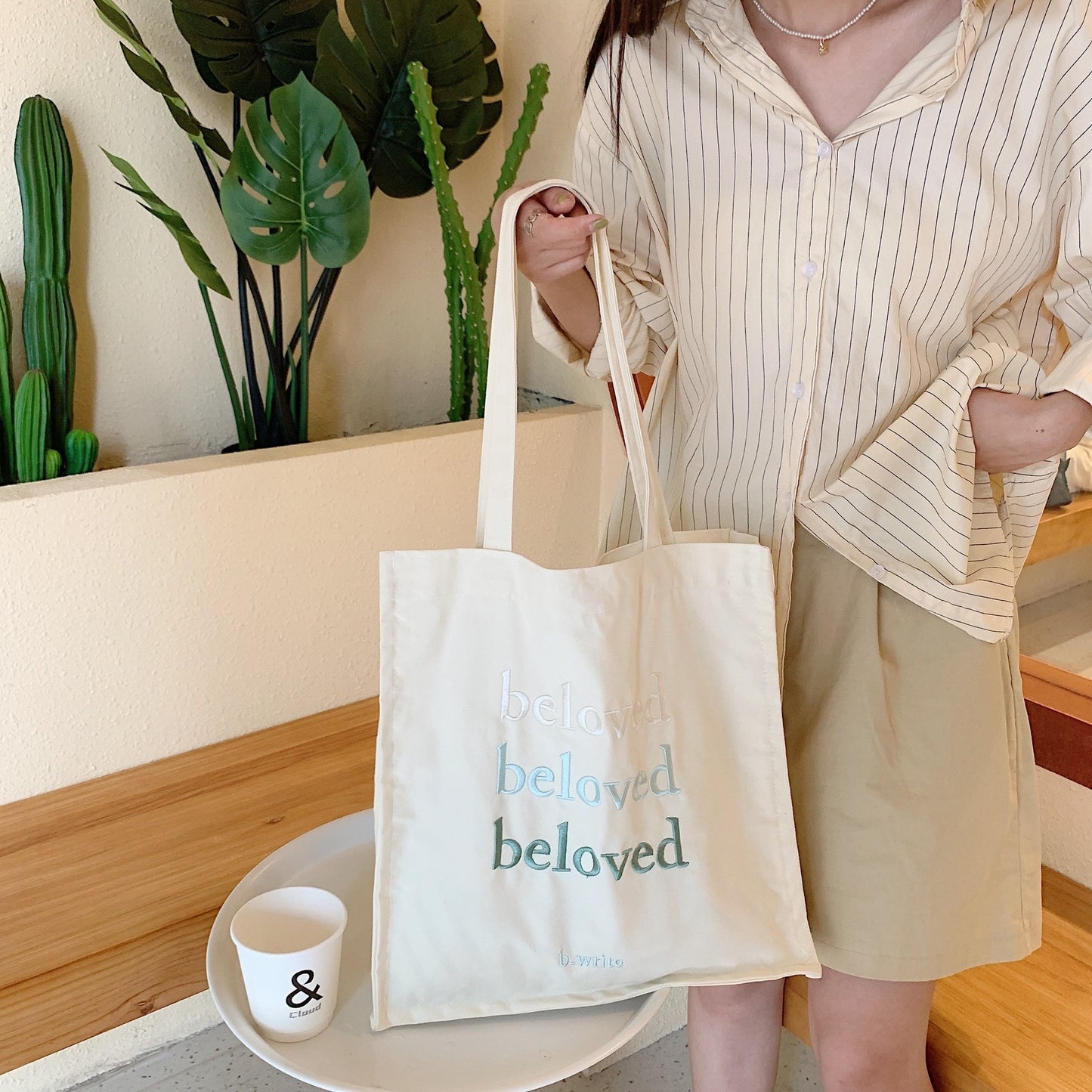Songs 6:3 "Beloved" - Letter Embroidered Women Canvas Tote Bag Simple Girls Solid Color Shoulder Bag Female Large Shopping Bag Casual Handbags