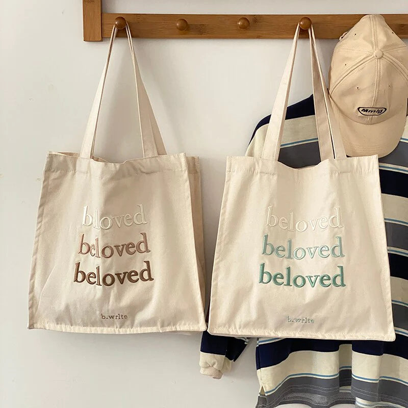 Songs 6:3 "Beloved" - Letter Embroidered Women Canvas Tote Bag Simple Girls Solid Color Shoulder Bag Female Large Shopping Bag Casual Handbags