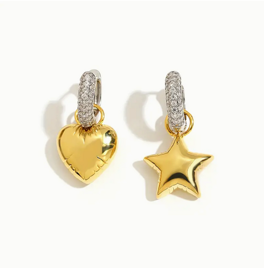 Divine Sparkle - Pendientes asimétricos de moda con corazón y estrella | circonia cúbica.