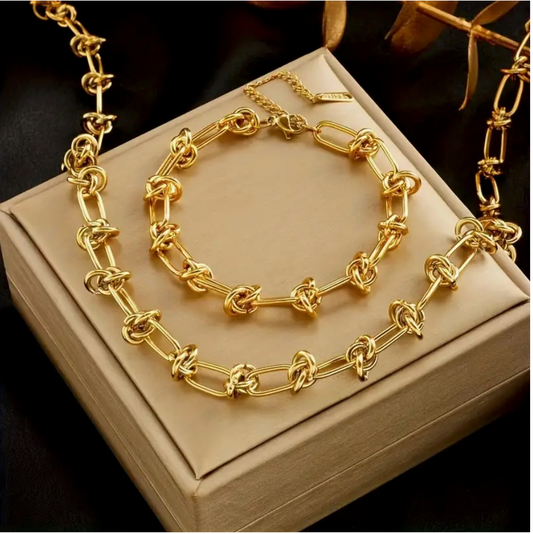 Trendy Chic - 2 Piezas Bañado en Oro - Collar y Pulsera de Acero Inoxidable para Estilo Hip-Hop y Street Style